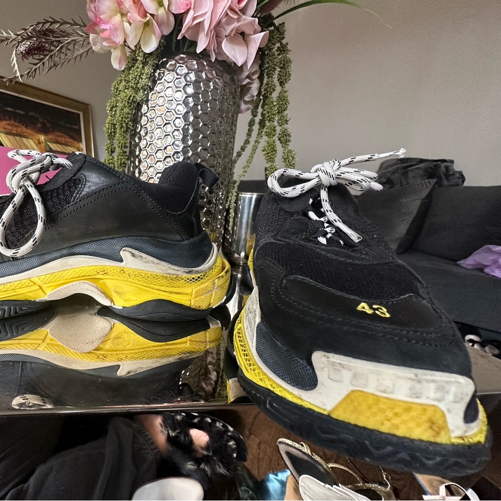 BALENCIAGA, Fabric Mesh Mens Triple S Sneakers 40 Black Yellow - Picture 7 of 9